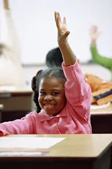 7 8 Years Prints: Portrait of a girl raising her hand in class
