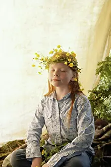 Spring Time Prints: Portrait of Girl Wearing Crown of Wildflowers