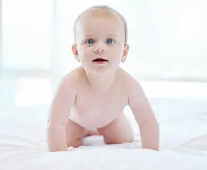 Family Home Prints: Portrait, happy baby and morning in bedroom for development and growth in family home