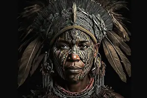 Looks Into The Camera Prints: Portrait of Huli Wigmen tribe woman from Papua New Guinea. Ai generated art