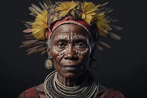 Looks Into The Camera Prints: Portrait of Huli Wigmen tribe woman from Papua New Guinea. Ai generated art
