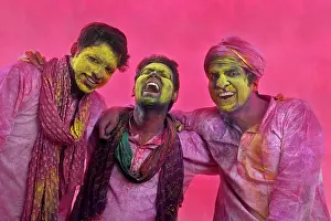 Holi Prints: Portrait of Indian men playing holi
