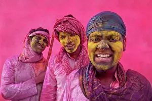 Holi Prints: Portrait of Indian men playing holi