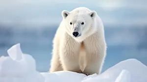 Carnivorous Prints: Portrait of large white bear on snow. Protection of wild animals. Polar Bear Day