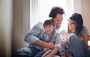 Joke Prints: Portrait, laughing or family with child in home