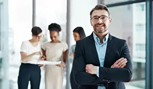 Boss Prints: Portrait, man and smile with arms crossed at office on teamwork and collaboration