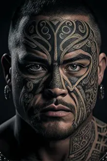 Looks Into The Camera Prints: Portrait, man with tattoo on face, tattoo, earrings, beard, Maori, AI generated