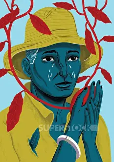Red Colour Prints: Portrait of mature woman crying
