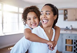 Carry Prints: Portrait, mom and piggyback girl in home for playing game