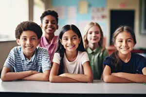 Students Prints: Portrait of multiracial happy students in class. Generative AI