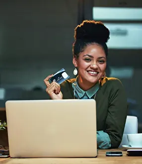 Financial Prints: Portrait, night or businesswoman on laptop for credit card payment