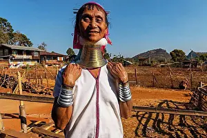 Portrait of a Padaung, giraffe, woman, Loikaw area, Panpet, Kayah state, Myanmar, Asia
