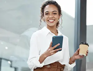 Cellphone Prints: Portrait, phone and business woman drinking coffee on break for social media