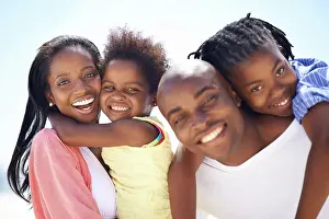 Getaway Prints: Portrait, piggyback and a black family on the beach in summer together for travel