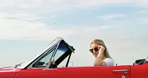 Drive Prints: Portrait, road trip and sunglasses with woman in convertible for adventure