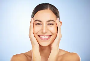 Promote Prints: Portrait, skincare and beauty with a model woman in studio on a gray background for natural treatment