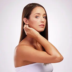 Shine Prints: Portrait, skincare and beauty of woman with cosmetic or shine isolated on white studio background