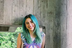 Part Of A Series Prints: Portrait smiling young woman with blue hair