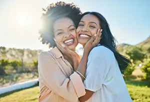 Black Woman Prints: Portrait, summer and black woman friends bonding outdoor in nature together during holiday or vacation