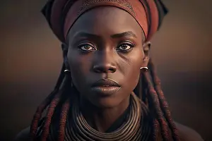 Looks Into The Camera Prints: Portrait of woman from Himba herder tribe in Namibia. Ai generated art