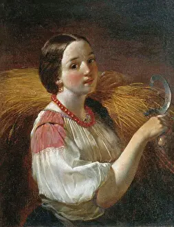 Innocent Prints: Portrait of woman holding sickle by Alexey Maximovich Maximov
