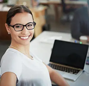 Notebook Prints: Portrait, woman and laptop in office for design with research