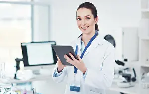 Results Prints: Portrait, woman and tablet in laboratory for research