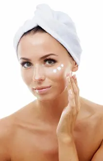 Lotion Prints: Portrait of woman, white background or face cream for skincare