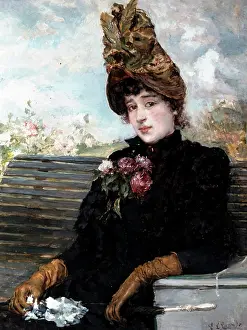 Feminity Prints: Portrait of women with decorative hat sitting on bench