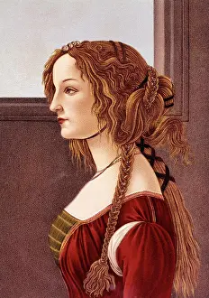 Crafts Prints: Portrait Of Young Woman By Botticelli Profile 15Th Century Renaissance Woman Red Dress Elaborate Long Hair Tresses