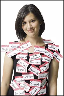Straight Prints: Portrait of a young woman with name tags all over her body