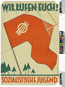 Posters Prints: Poster We are calling you, Socialist youth Red flag with the three arrows blows great over stylized trees