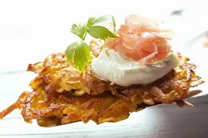 Vegetables Prints: Potato rösti (hash brown) with sour cream and smoked ham