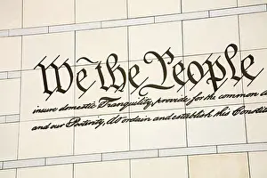 Independence Day Prints: Preamble to the US Constitution on the a wall of a museum