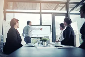 Speaker Prints: Presentation, leader and presenter in meeting for a report or corporate workshop for sales in startup company