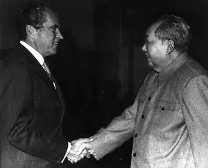 Talks Prints: US President Richard Nixon meets Chinese Communist Party leader Chairman Mao Zedong or Mao Tse-tung (1893 1976)