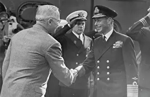 King Of The United Kingdom Prints: President Truman received by The King in Plymouth Sound - His Majesty shakes hands with President Truman on bearding