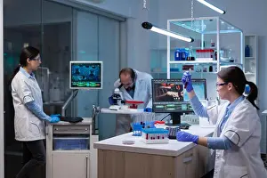 Examining Prints: Professional doctor scientist looking in computer analysing DNA image scan