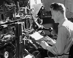 Industry Prints: Side profile of a male worker operating a linotype machine