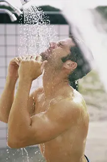 Muscular Build Prints: Side profile of a young man in the shower