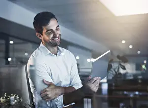Analysis Prints: Programmer, tablet and smile with night office