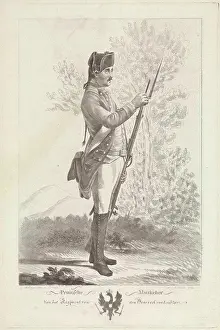 Firearms Prints: Prussian musketeer with musket and bayonet, Mathias de Sallieth, 1764 - 1791