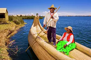 Culture Prints: Quechua Indian couple on Floating Grass islands of Uros