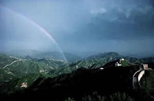 Chinese Culture Prints: Rainbow over the hills on the southern edge of the Mongolian plain next to the Great Wall of China