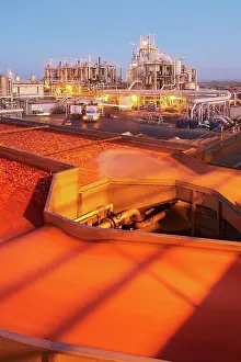 Tomato Prints: Raw processing tomatoes pour through a flume en route to the initial phases of processing at a facility near Los Banos