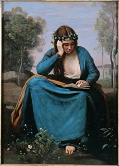 Realism Prints: Reader Crowned with Flowers (Virgil's Muse) 1845 Jean Baptiste Camille Corot (1796-1875/French)