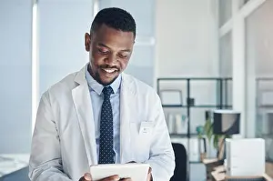 Doctors Prints: Reading, doctor and black man with tablet