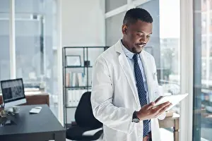 Doctors Prints: Reading, doctor and black man with tablet