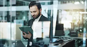 Analysis Prints: Reading, window and tablet with business man in office for research