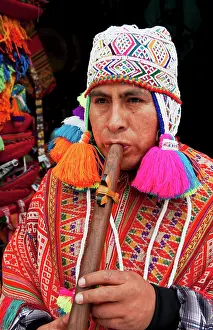 Peru Prints: Real Shaman religious man playing music in small town of Pisaq Peru (MR)